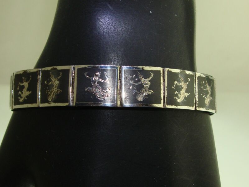 Vintage 1940s Niello Siam Sterling Silver Deity Dancer Bracelet