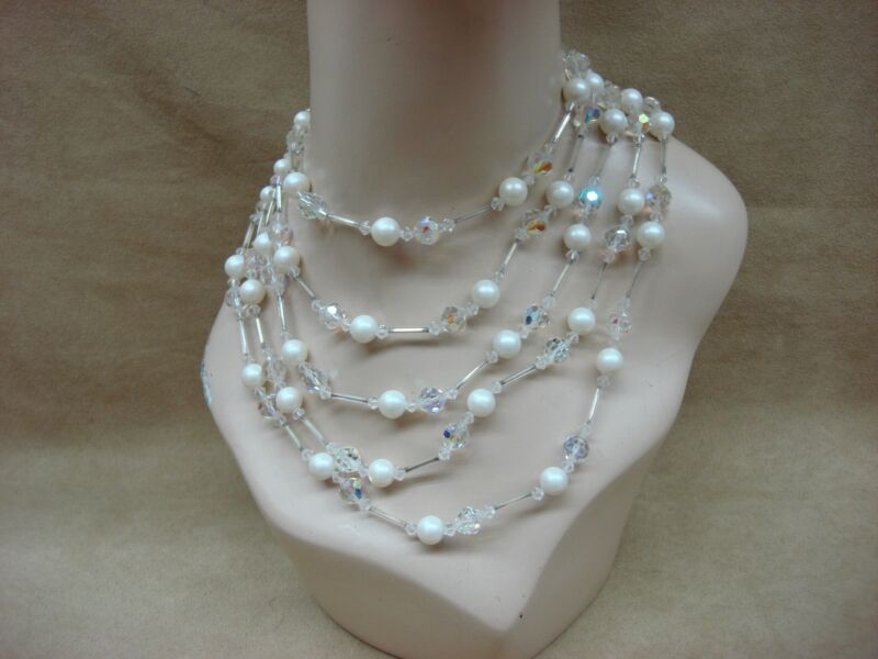 Vintage 1970s multi-strand AB crystal and faux pearl necklace