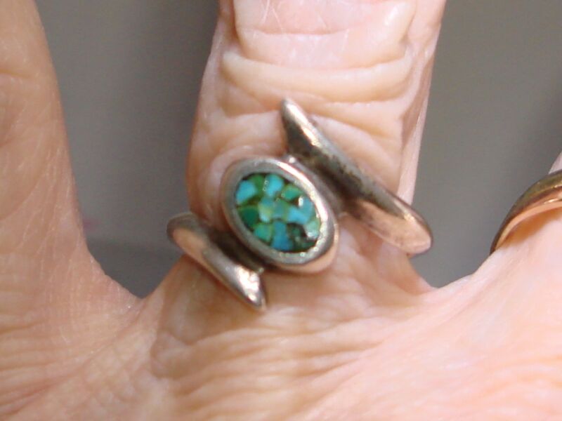 Vintage Southwestern sterling silver turquoise inlay bypass ring size 7.25