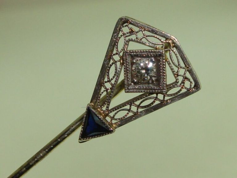 Vintage Art Deco 14K white gold diamond and blue topaz stick pin
