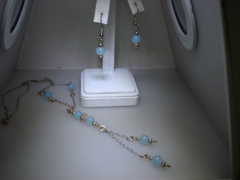 Vintage Sterling Silver & Chalcedony Bead Necklace & Earrings Set