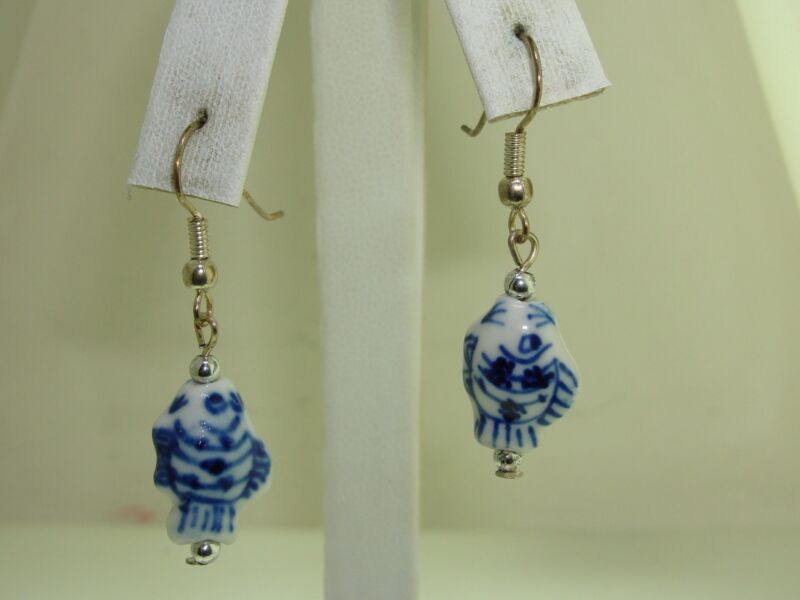 Vintage Ming style blue and white porcelain fish dangle earrings in silver