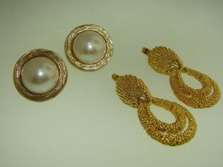 Vintage Trifari gold-tone clip-on earrings (2 pairs), featuring twisted dangles and pearl swirls from the 1970s-80s.