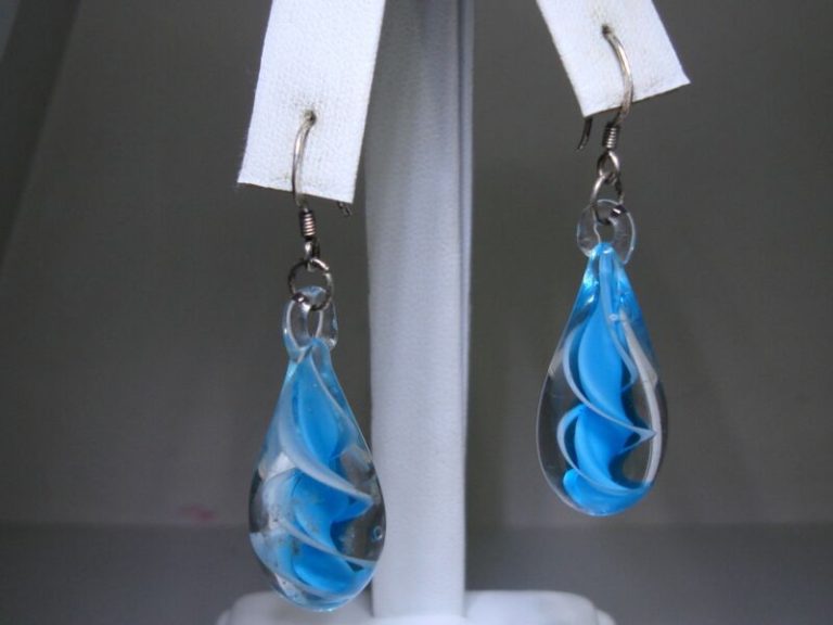 Vintage sterling silver and hand-blown glass dangle earrings signed 'SU925CH' with blue and white swirls