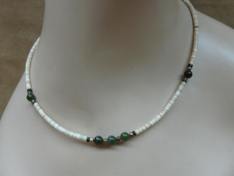 Vintage Green Jade and Heishi Bead Choker Necklace