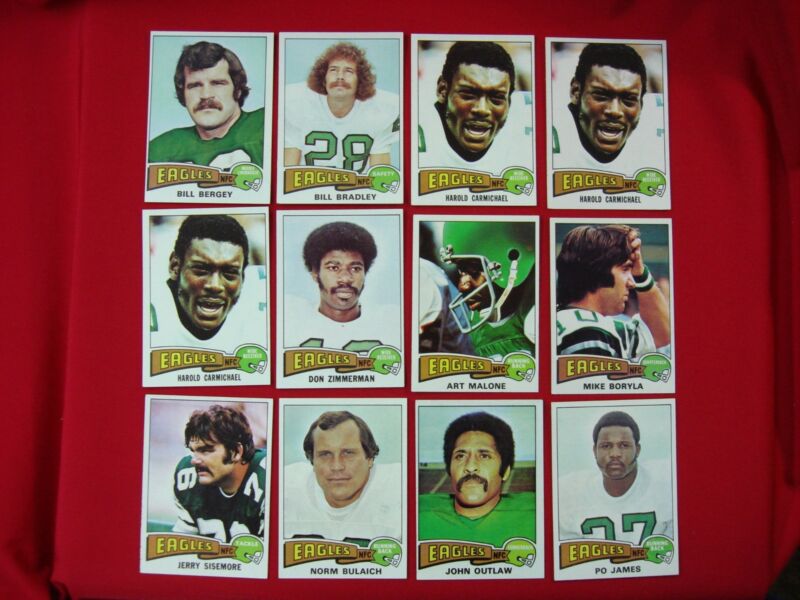 Vintage 1975 Topps Philadelphia Eagles football card lot featuring Bill Bergey, Bill Bradley, and Harold Carmichael.