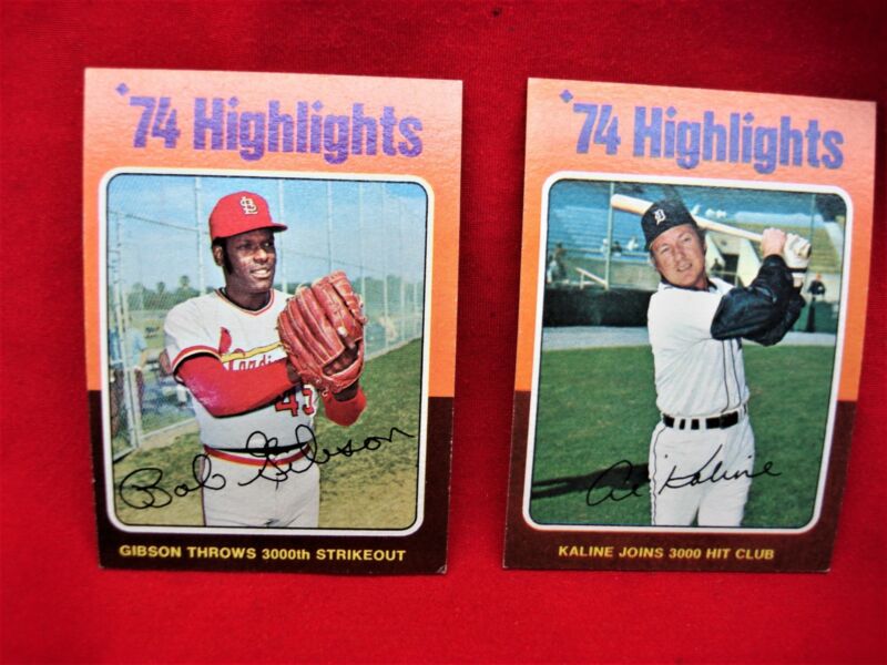 1974 Topps Highlights baseball cards featuring Bob Gibson's 3000th strikeout and Al Kaline's 3000th hit