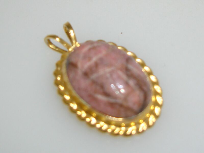 Vintage rhodonite scarab pendant in gold-tone metal
