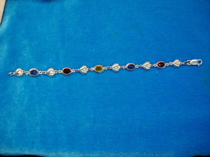 Sterling silver heart bracelet with multicolor faux gemstones