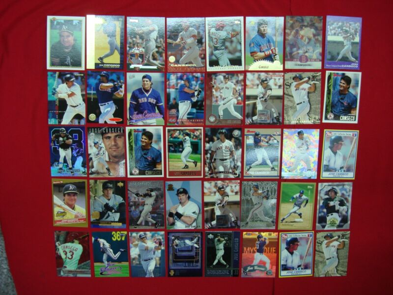 Collection of 40 Jose Canseco baseball cards featuring premiums, parallels, inserts, and an update card