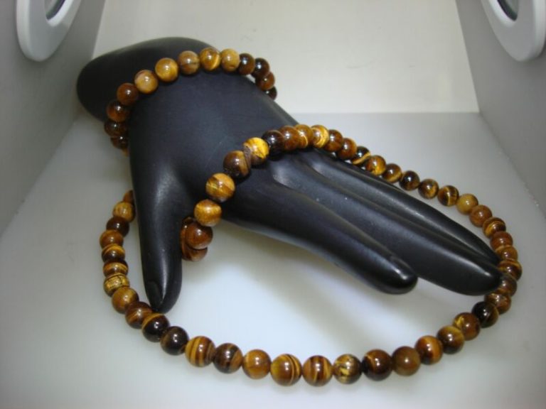 Genuine Tiger's Eye Choker Necklace & Bracelet Set with 14K Gold Clasp