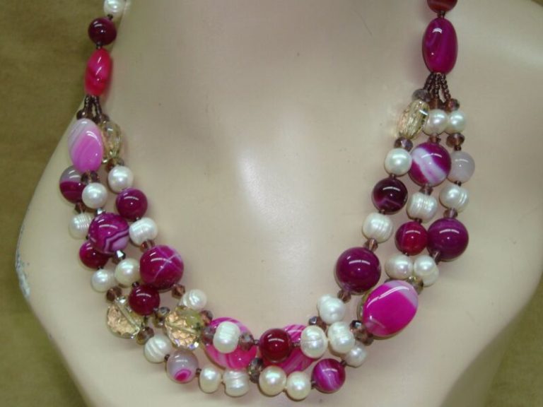 Hot Pink & Purple Agate Onyx Necklace with Freshwater Pearls - 3-Strand Statement Piece