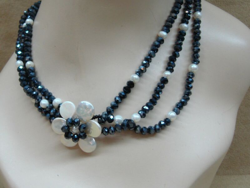 Sterling silver necklace with navy crystals and freshwater pearls, 3-strand floral design