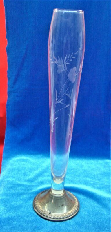 Vintage Duchin Sterling Silver Weighted Base Etched Glass Bud Vase