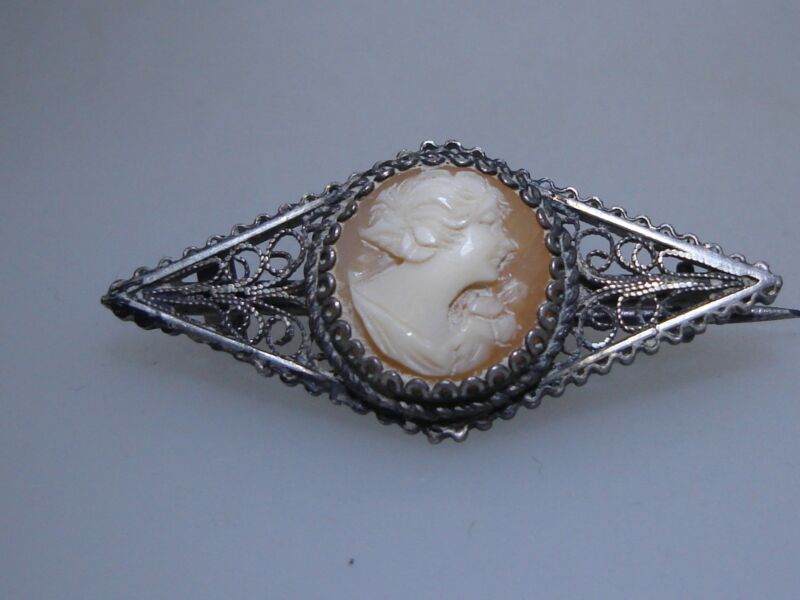 Antique spun silver shell cameo brooch, marked JCR