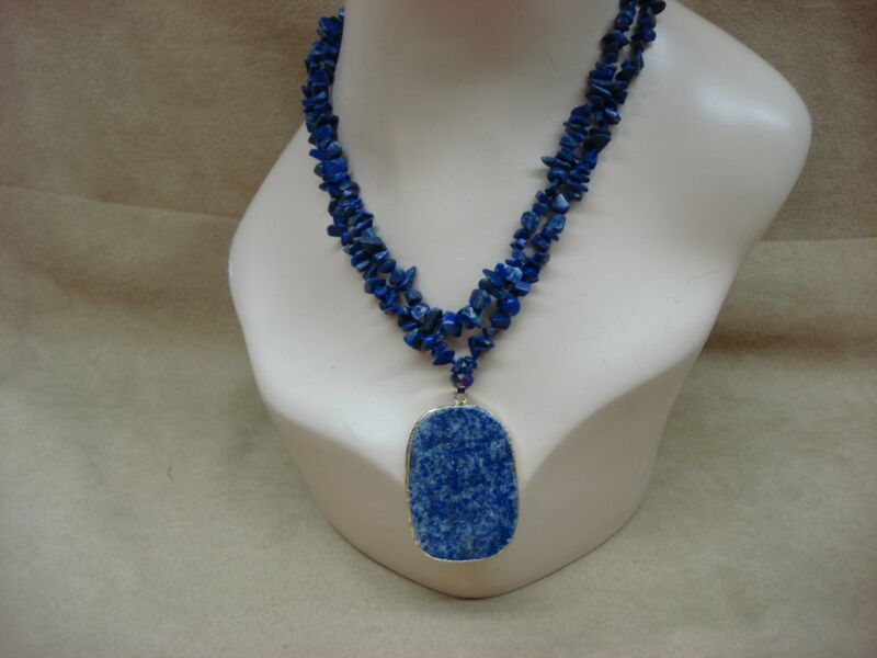 Estate 925 Sterling Silver Blue Lapis Lazuli Pendant Necklace (Over 50ct Cabochon)
