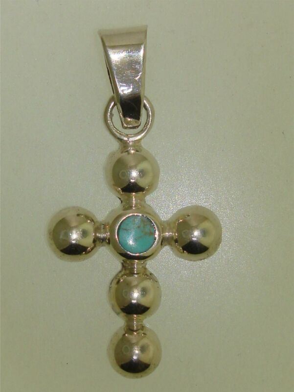 Vintage Mexico sterling silver bubble cross pendant with turquoise inlay