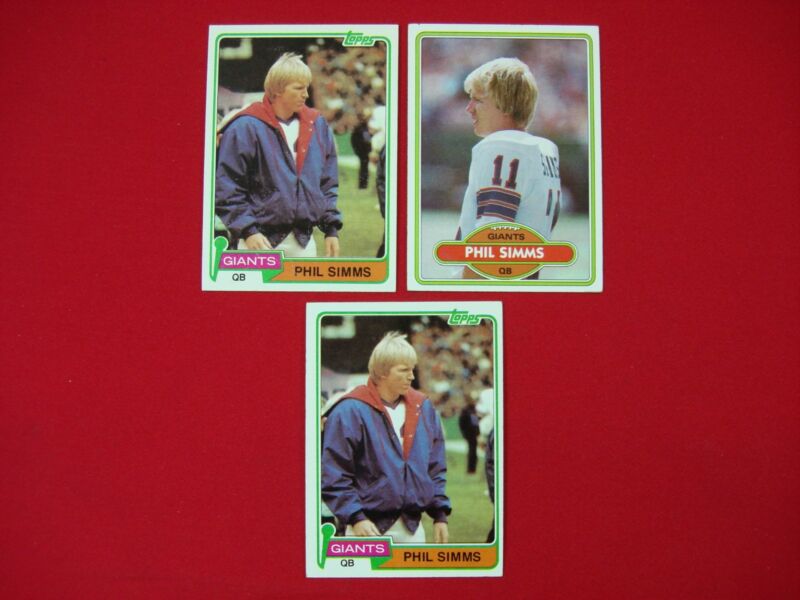 Phil Simms football card lot featuring his 1980 RC (#225) and 1981 Topps cards.