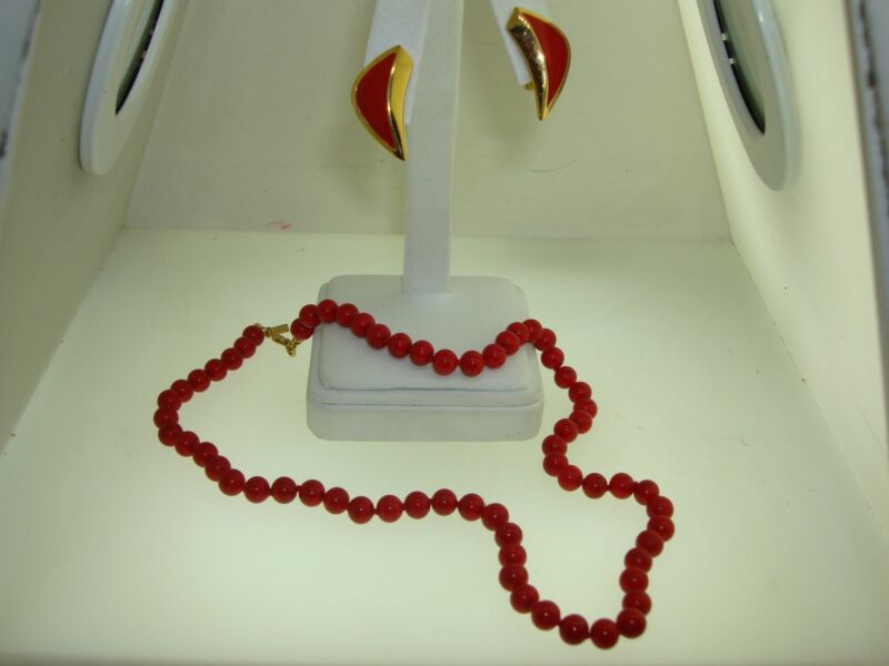 Vintage 1960s Monet Red Glass Bead Choker & Earrings Set - Excellent Condition