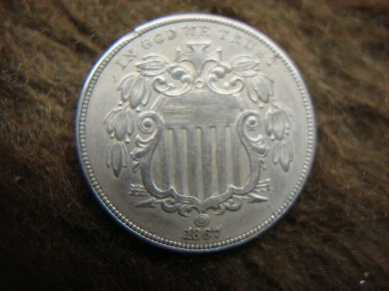 1867 Shield Nickel - No Rays, Unique Planchet Flaw & Cud Details