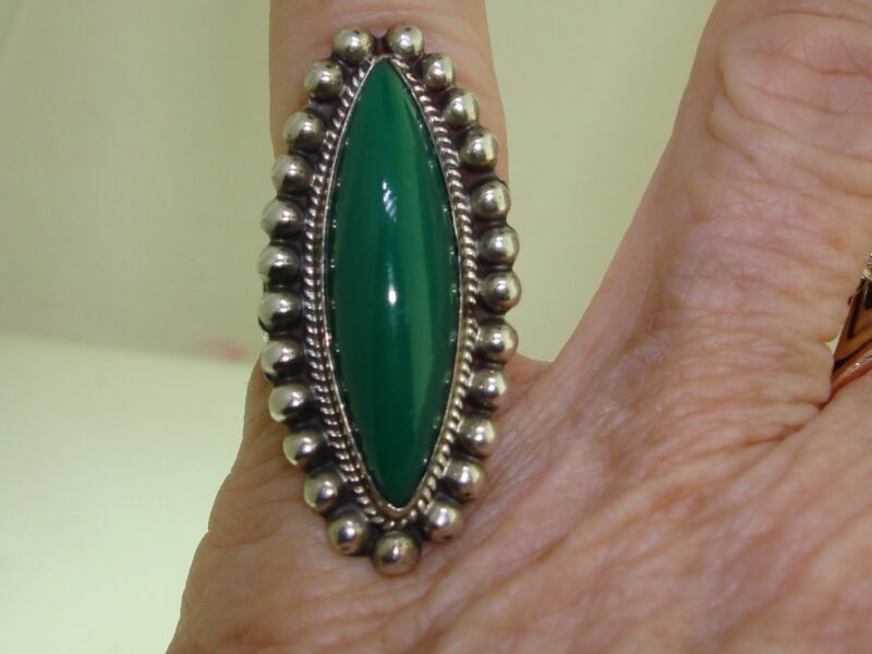Vintage 1970s Mexican Sterling Silver Chrysoprase Ring, Estate Find - Size 5.5