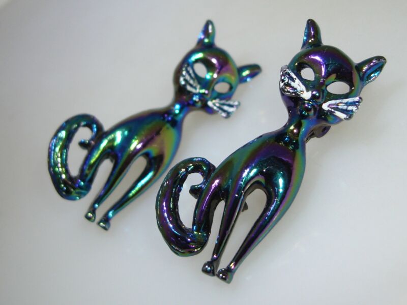 Vintage pair of iridescent enamel cat scatter pins