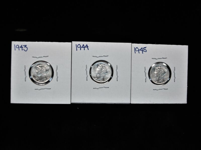 Set of three Brilliant Uncirculated (BU) Philadelphia Mercury dimes minted from 1943 to 1945