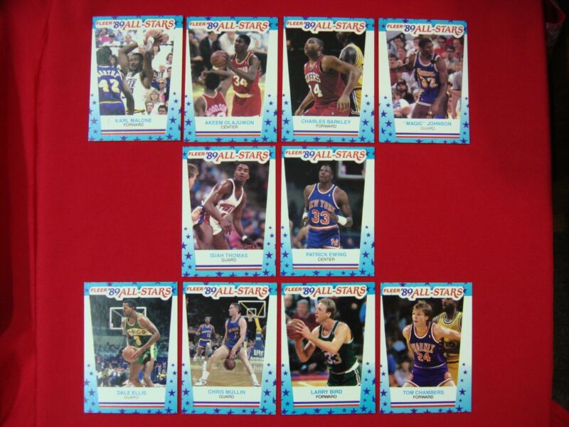1989-90 Fleer All-Stars Sticker Set featuring Karl Malone, Charles Barkley, Magic Johnson, Patrick Ewing, and Larry Bird