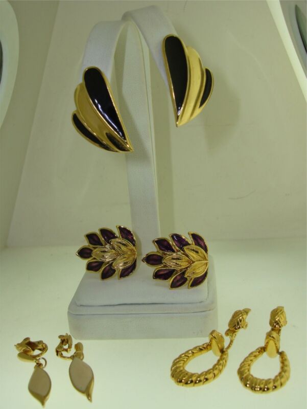 Vintage Trifari Earrings Set (4 Pairs) - 1980s Enamel & Gold Tone