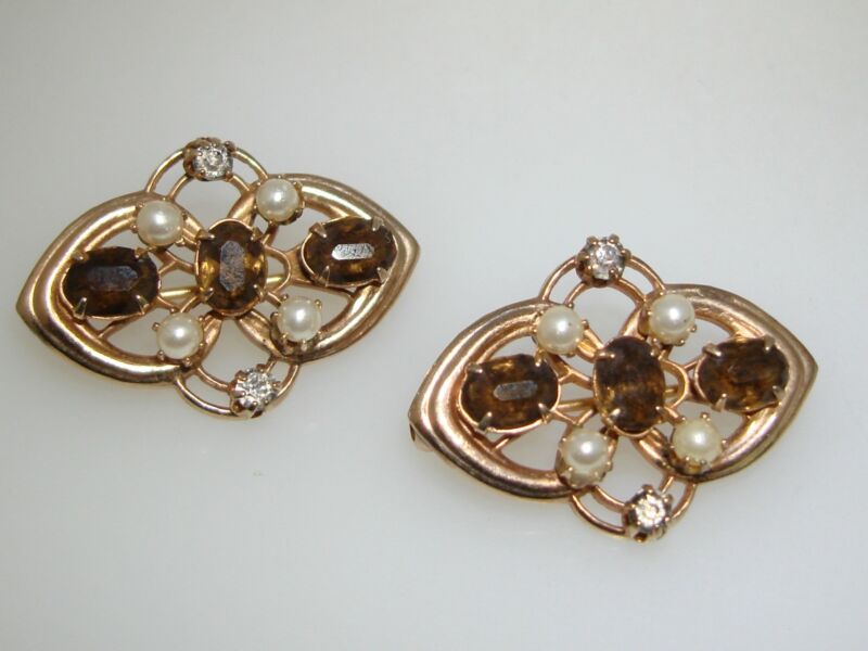Vintage 1940s rose gold filled pearl and rhinestone pin set (2 pieces)