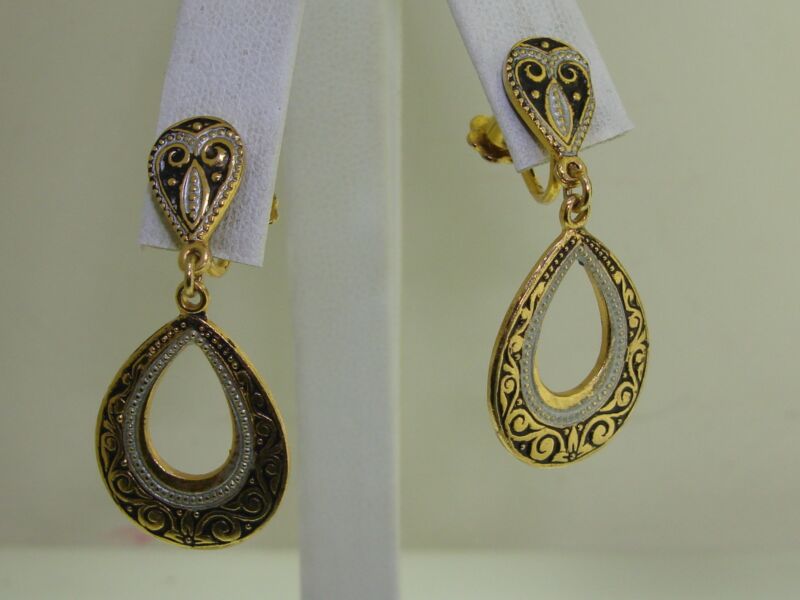 Vintage 1960s black and gold enamel dangle earrings