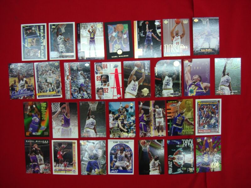 Karl Malone basketball card collection featuring 29 cards, premiums, inserts and a Topps Gold Beam Team card