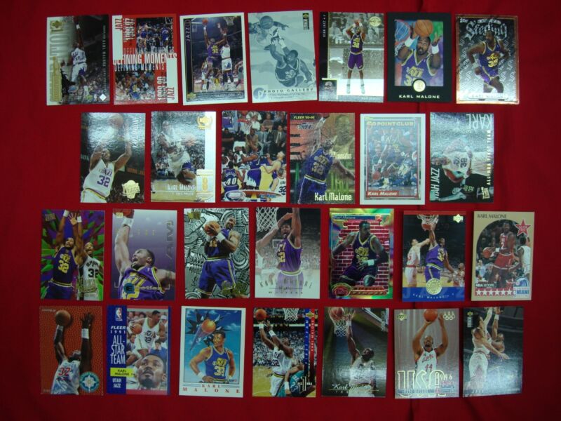 Collection of 27 Karl Malone basketball cards, featuring premiums and inserts from the Utah Jazz.