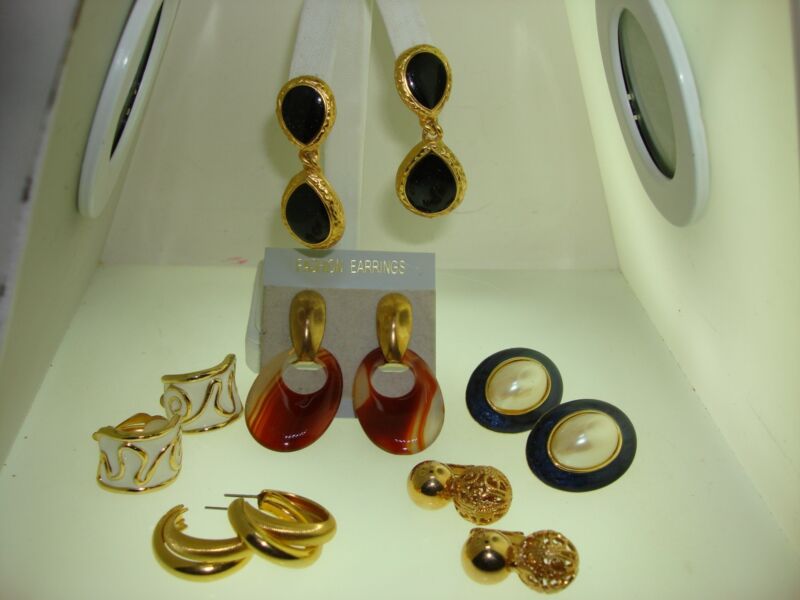 Vintage Earrings Set (6 Pairs) 1970s-80s: Gold Tone, Lucite, Enamel & Pearls