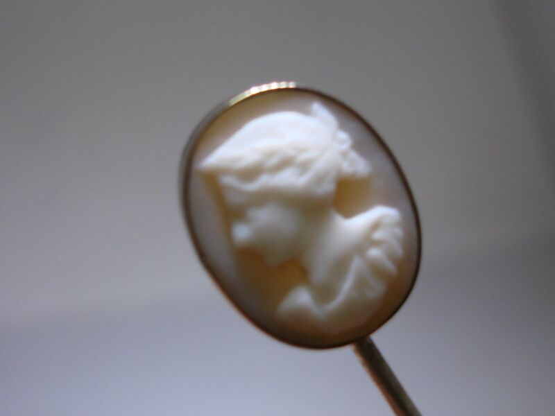 Victorian carved shell cameo stick pin with Roman god profile