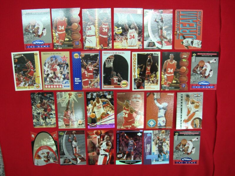 Hakeem Olajuwon basketball card lot, featuring 25 premium, insert, and die-cut cards of the Houston Rockets legend.