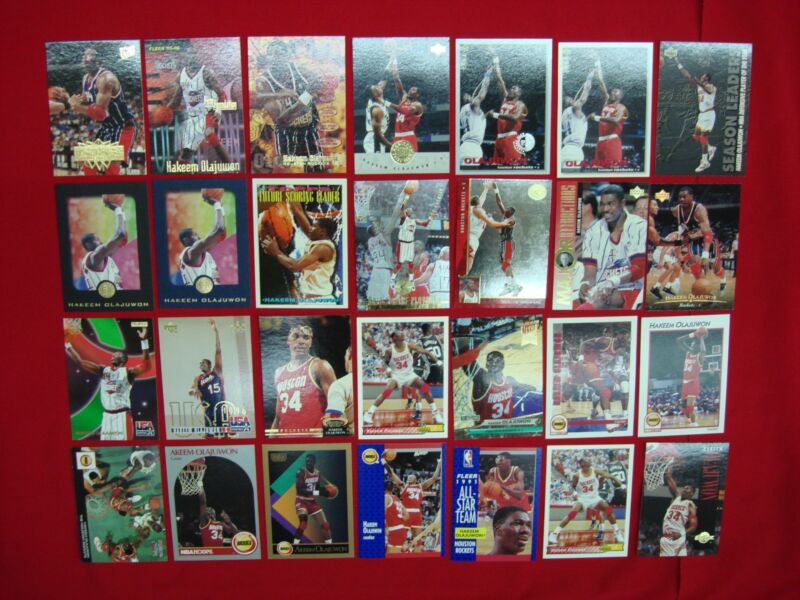 Hakeem Olajuwon basketball card lot of 28 cards, featuring Rockets, premiums, inserts, and parallels