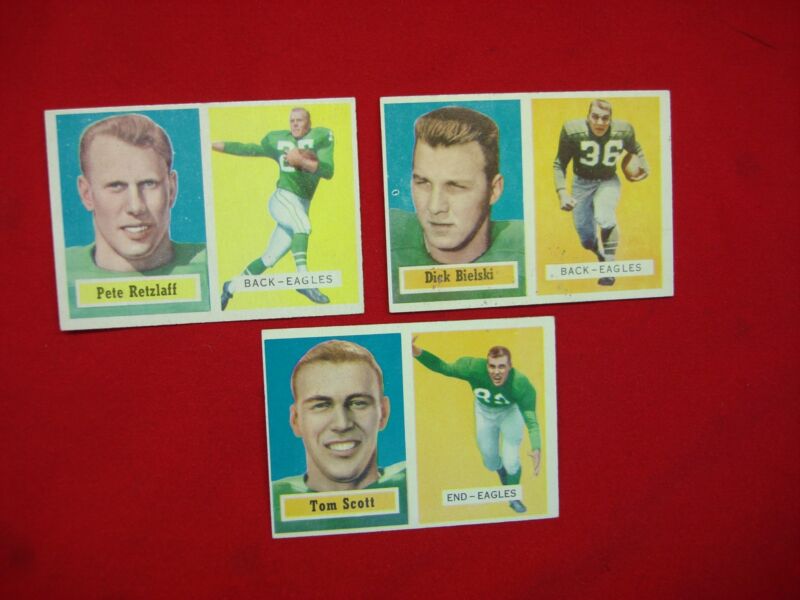 Vintage 1957 Topps Philadelphia Eagles baseball cards featuring Pete Retzlaff, Dick Bielski, and Tom Scott.