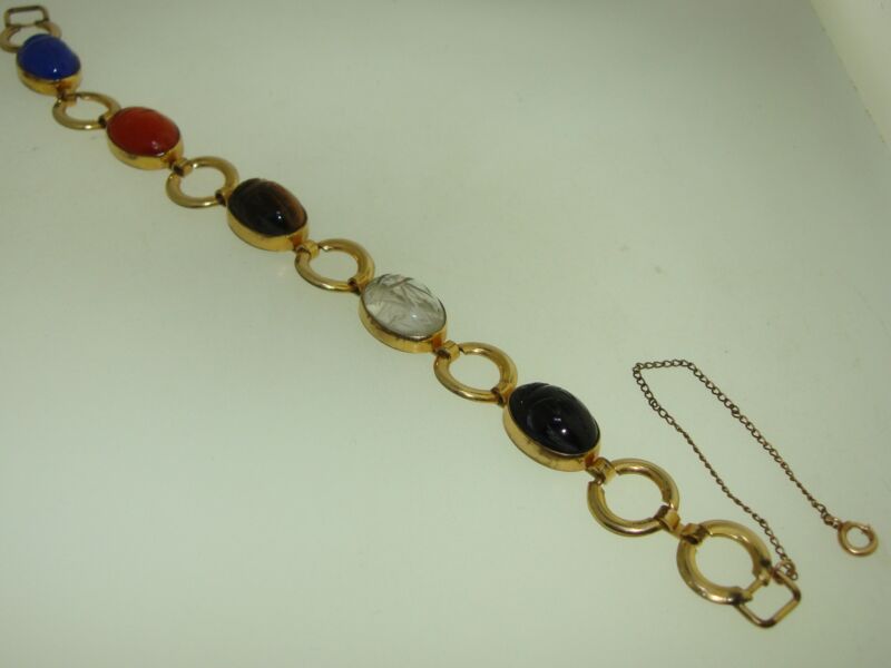 Vintage 1950s gold-filled scarab bracelet with five carved stones