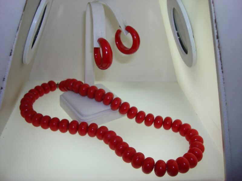 Vintage 1970s red hoop earrings and donut bead necklace set