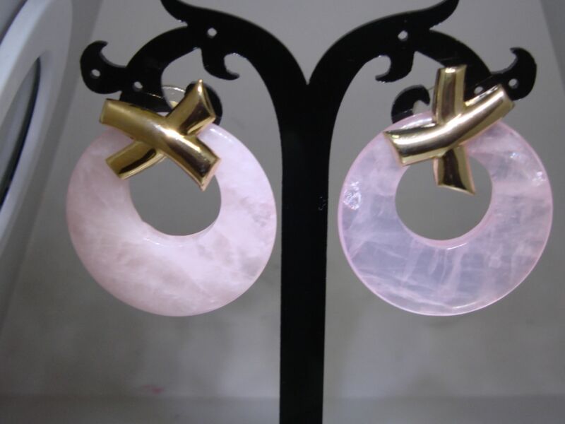 Vintage rose quartz convertible earrings (1980s) with gold X design