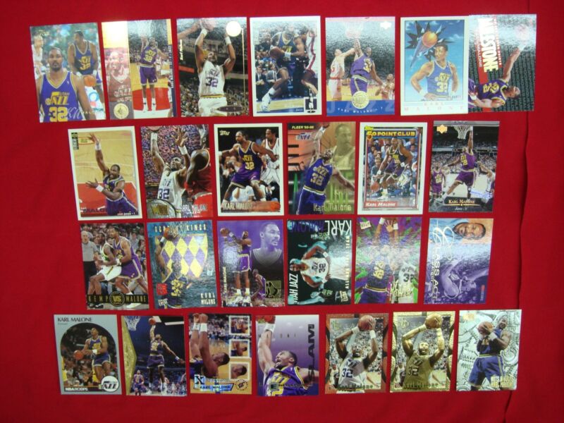 Collection of 26 Karl Malone basketball cards, including premiums, inserts, and parallels.