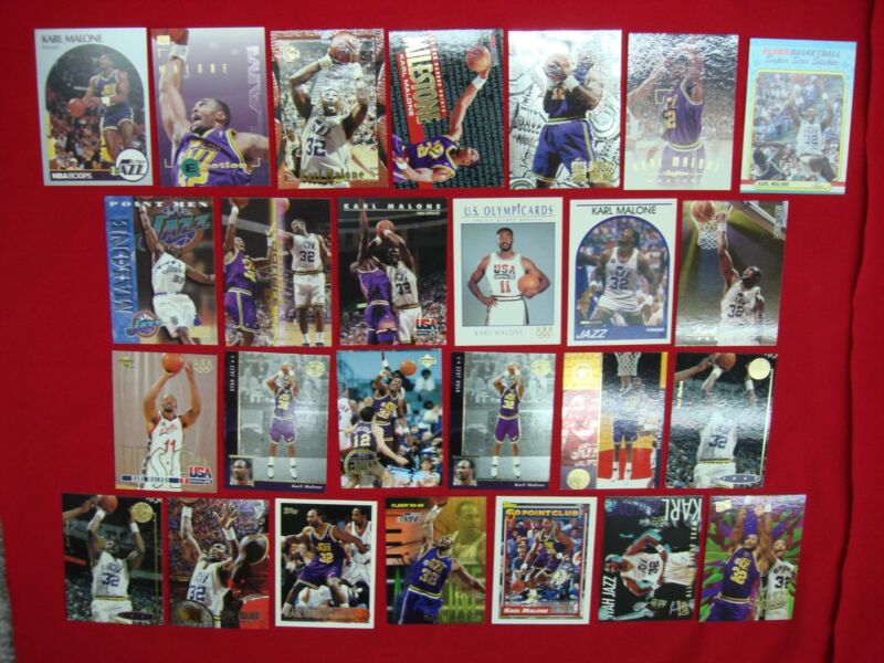 Collection of 26 Karl Malone basketball cards, including premiums and inserts