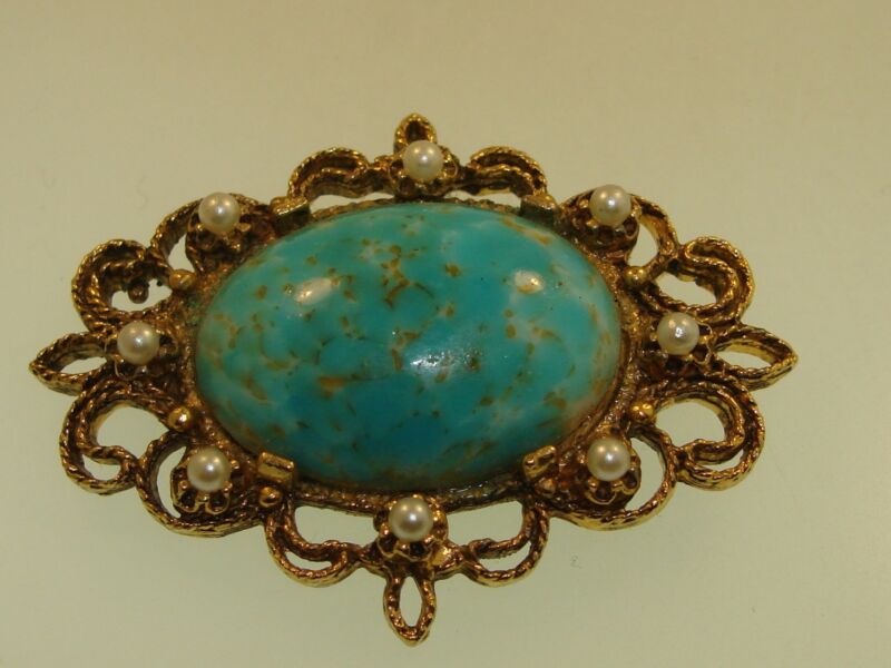 Vintage filigree pin with Peking glass and faux pearls, 1960s-70s