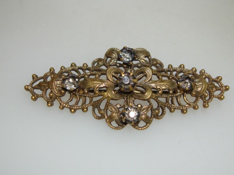 Antique Art Nouveau Gold-Washed Filigree Fleur-de-lis Rhinestone Pin