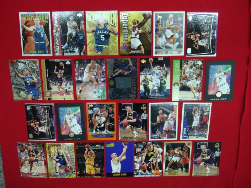 Jason Kidd basketball card lot featuring premium inserts, rookies, and cards from his time with the Dallas Mavericks and Phoenix Suns.