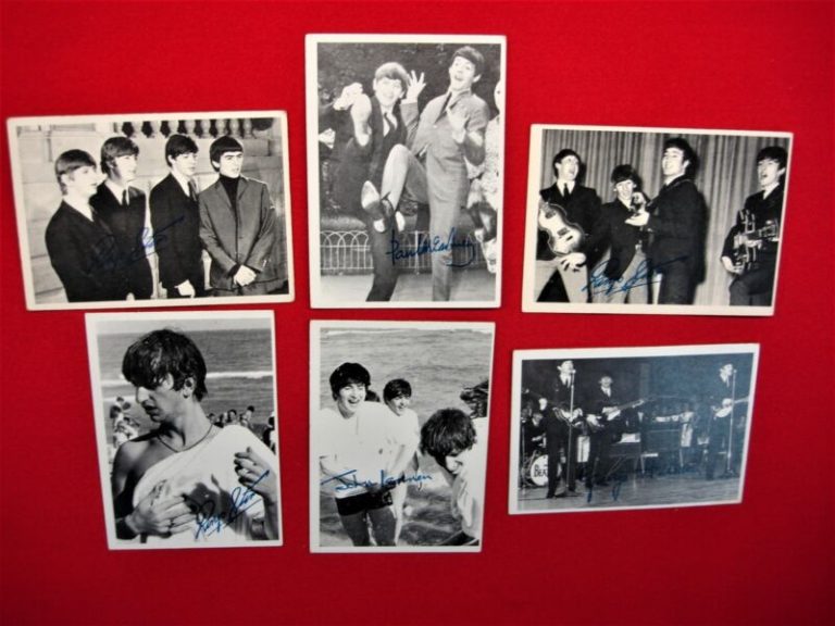 Six vintage 1964 Topps Beatles trading cards from Series 2 and 3