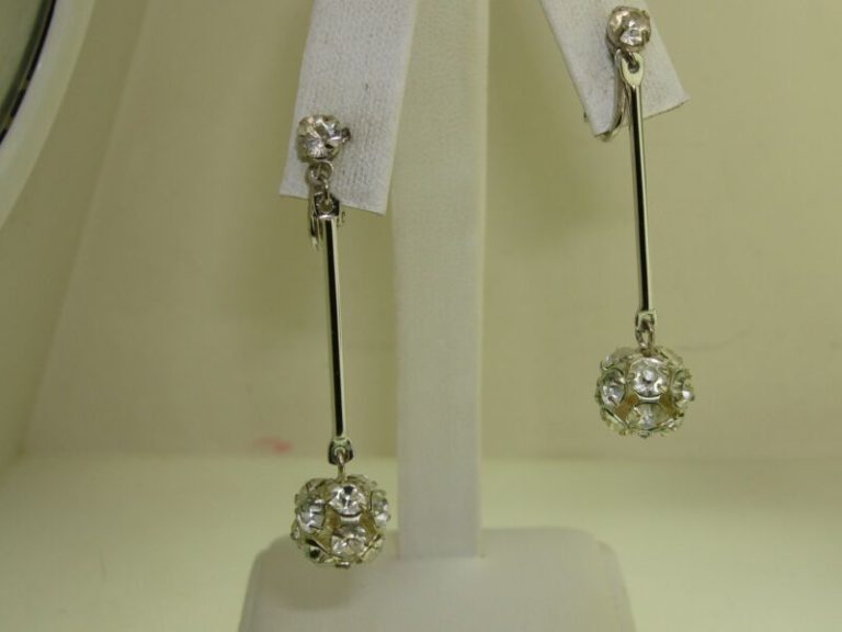 Vintage 1960s silver dangle earrings with foiled rhinestone balls