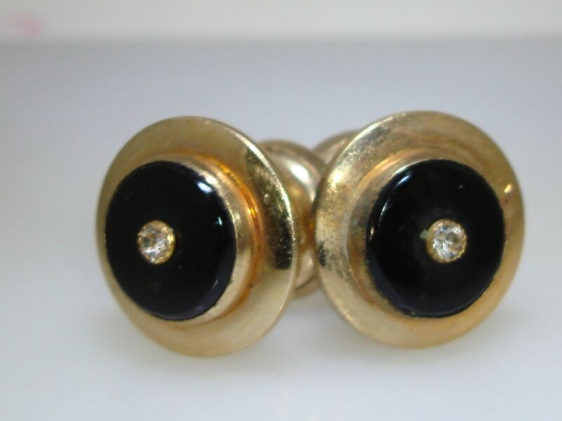 Vintage 1970s black glass and rhinestone cufflinks with retractable chain