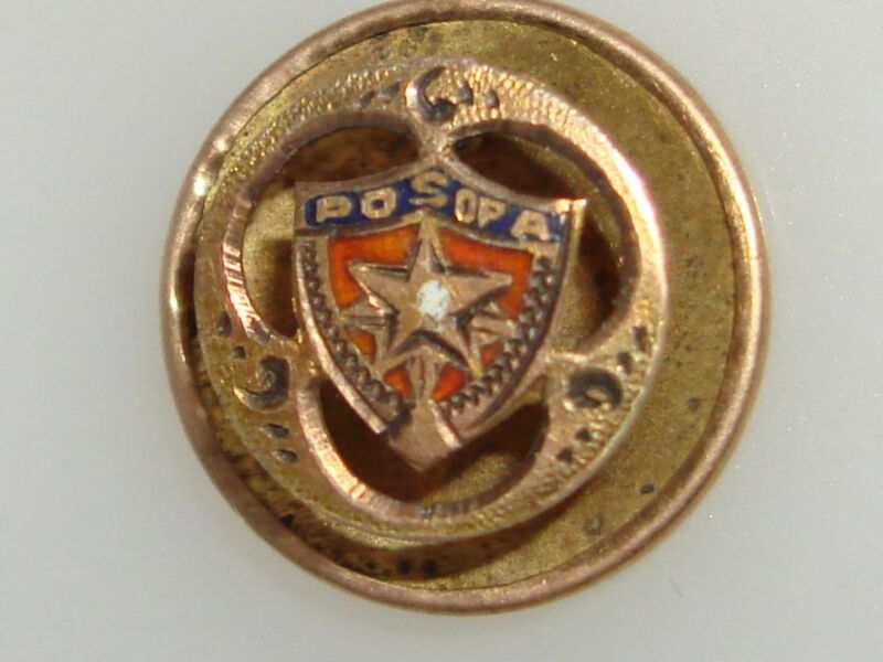 Antique enamel lapel pin featuring the Patriotic Sons of America (P.O.S. of A.) insignia, dating back to the 1880s.